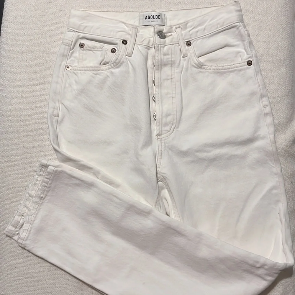AGOLDE Riley High Rise Straight Crop Jeans Veil White‎ Distressed Womens Size 24
